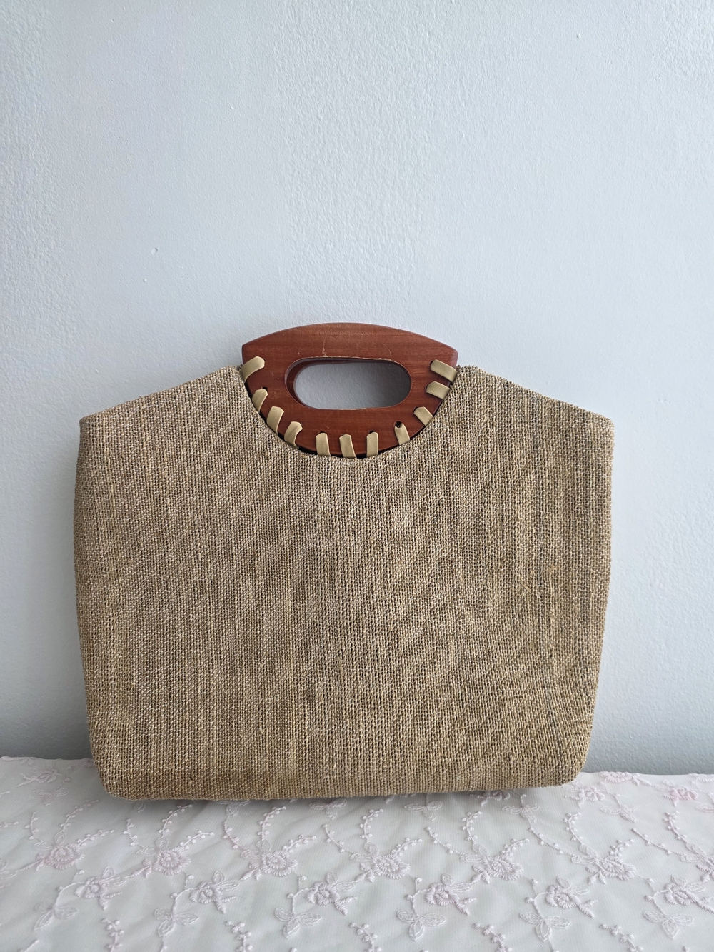 Vintagr Natural Jute Tote with Wooden Cutout Handles